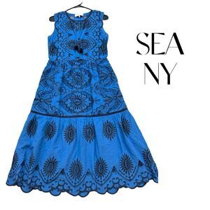 SEA NY Blue/Black embroidered ruffle midi dress Sz 2 NWOT